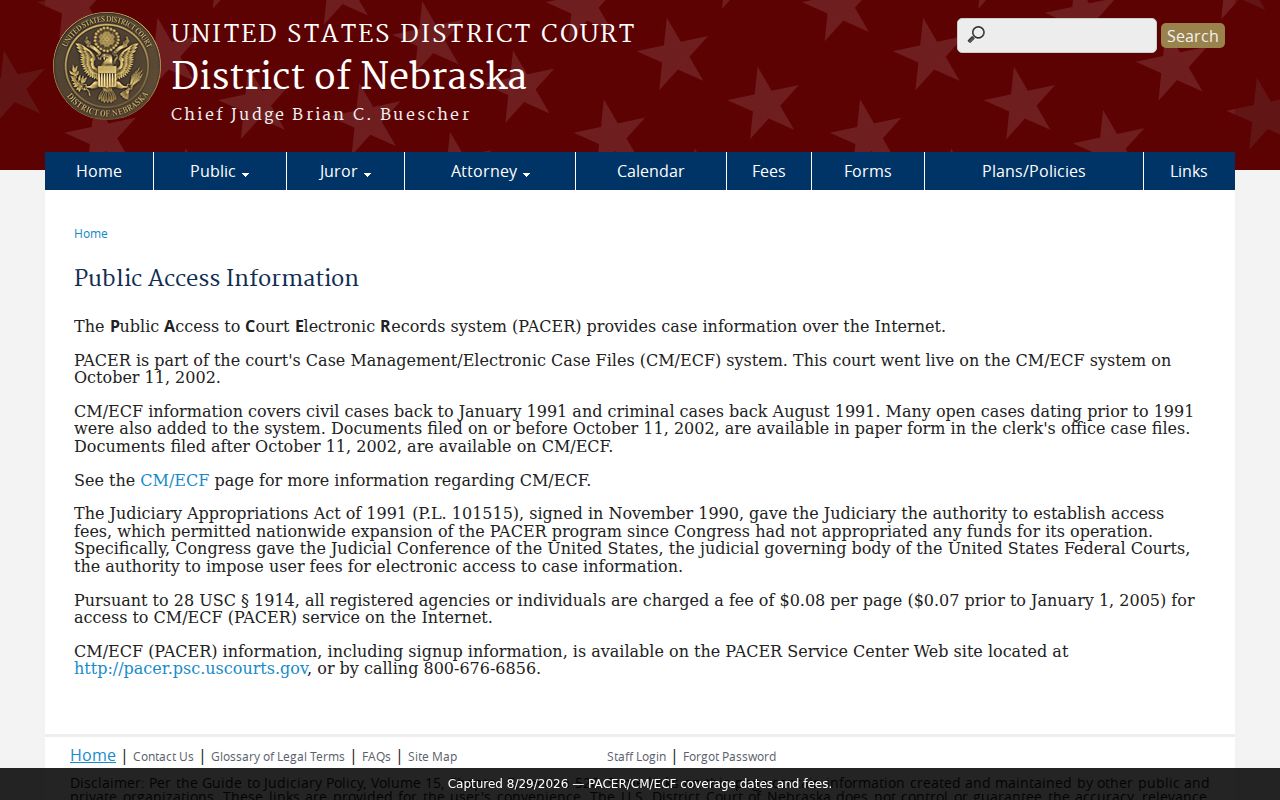 Butler County civil docket reference showing separate federal PACER and CM ECF coverage information for the District of Nebraska