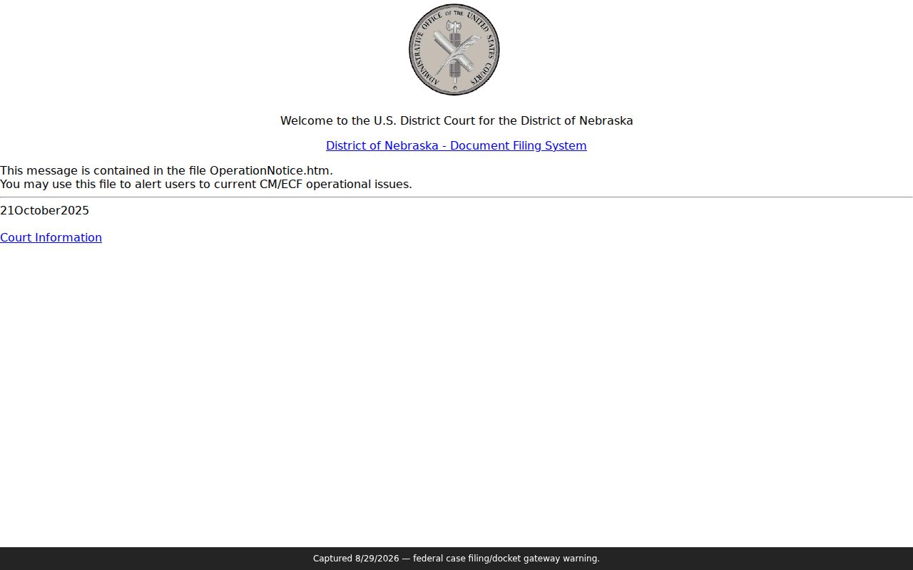 Butler County civil docket reference showing the separate federal District of Nebraska CM ECF filing and docket gateway