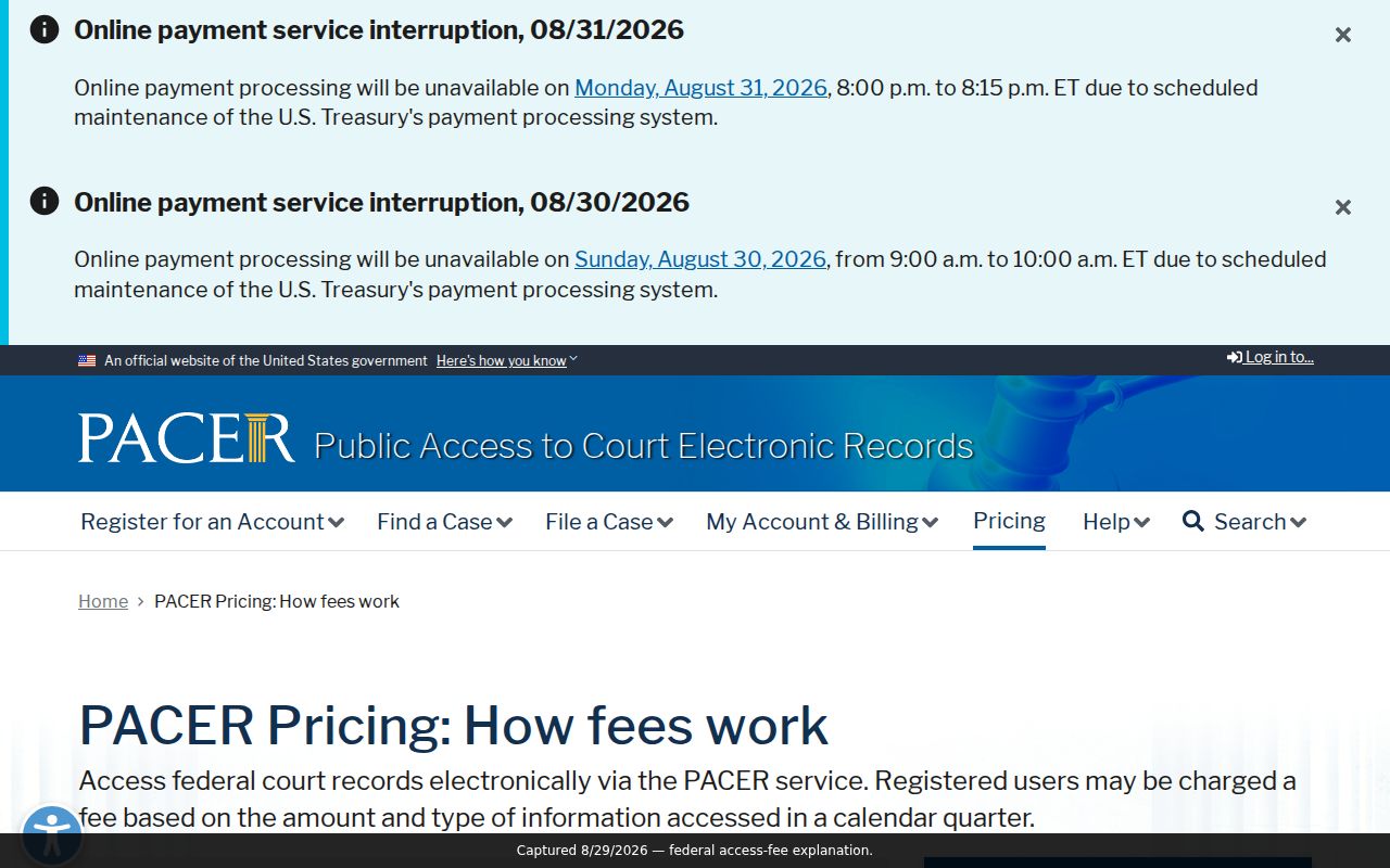 Butler County civil docket reference showing PACER federal public-access fee explanation separate from state civil docket access