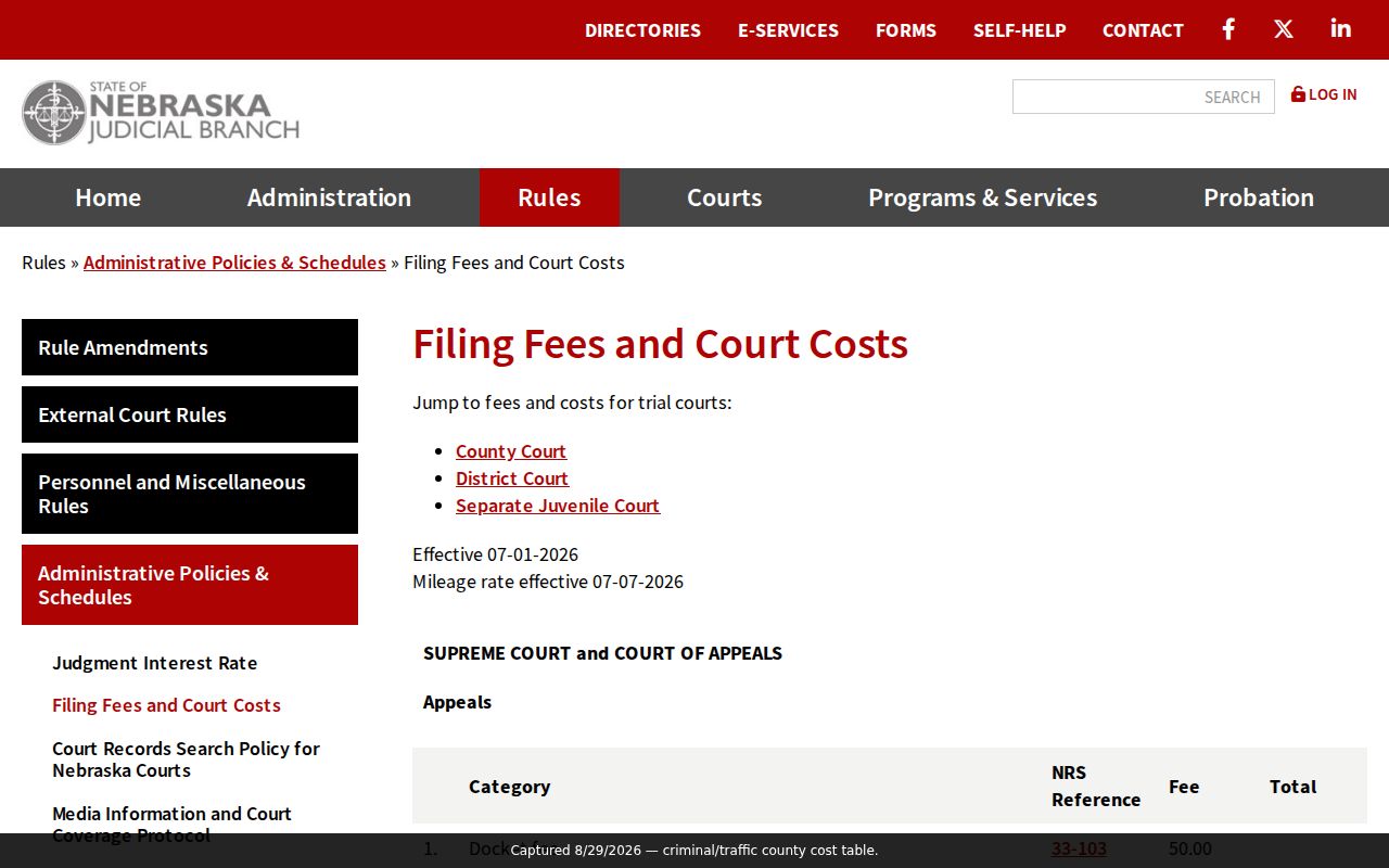 Butler County court records filing-fee and court-cost table