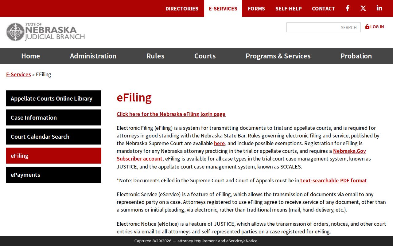 Butler County criminal docket reference showing Nebraska eFiling, eService, and eNotice information