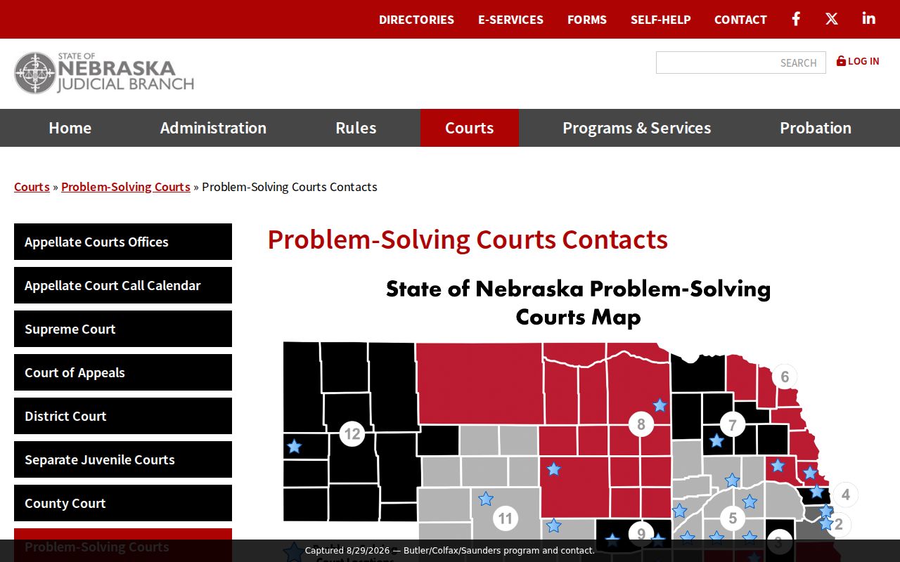Butler County criminal docket reference showing Fifth Judicial District Butler, Colfax, and Saunders problem-solving court contact information