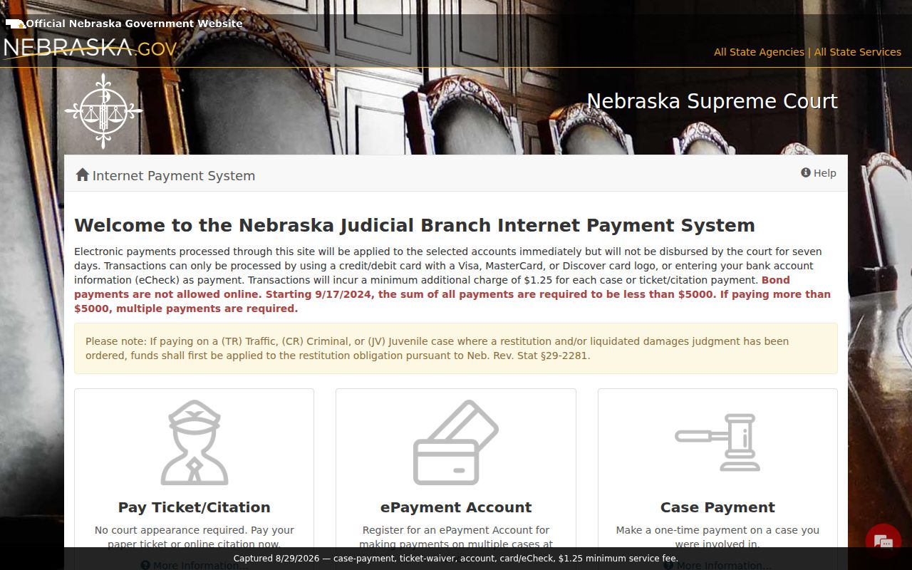 Butler County traffic court records payment page showing case payment, ticket waiver, account options, and service fee notice