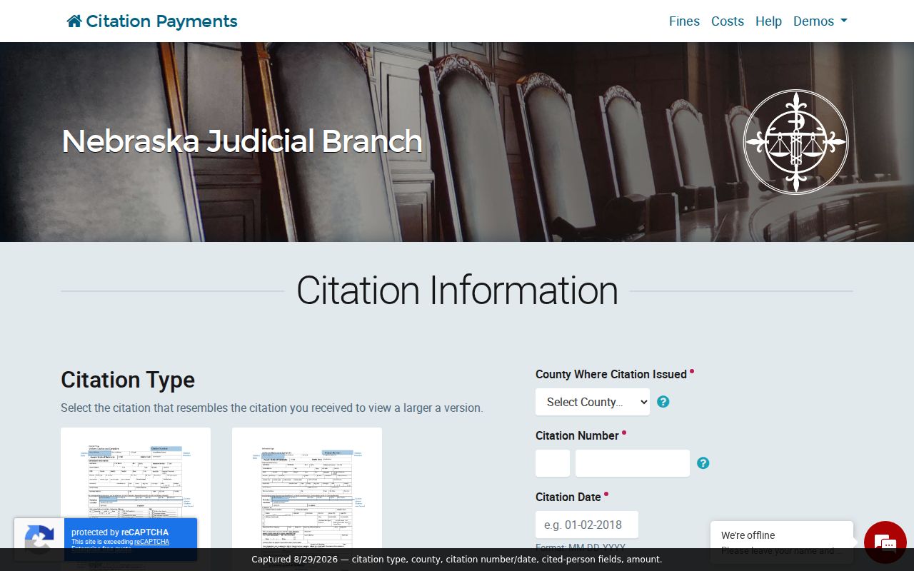 Butler County traffic court records citation lookup fields for citation type, county, number, and date